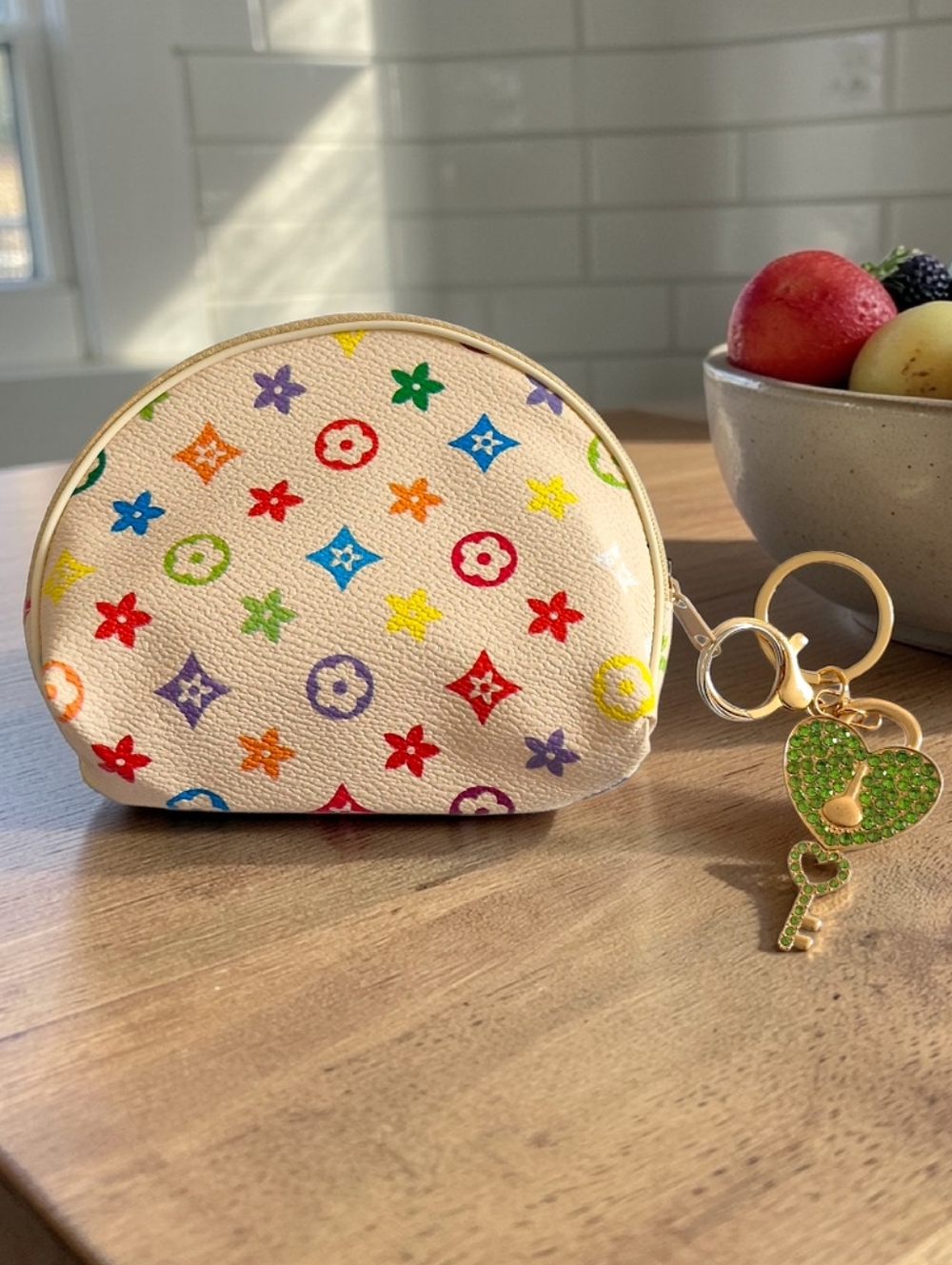 Colorful Patterned Zippered Pouch & Heart Bag Charm / Keychain - Cream & Green